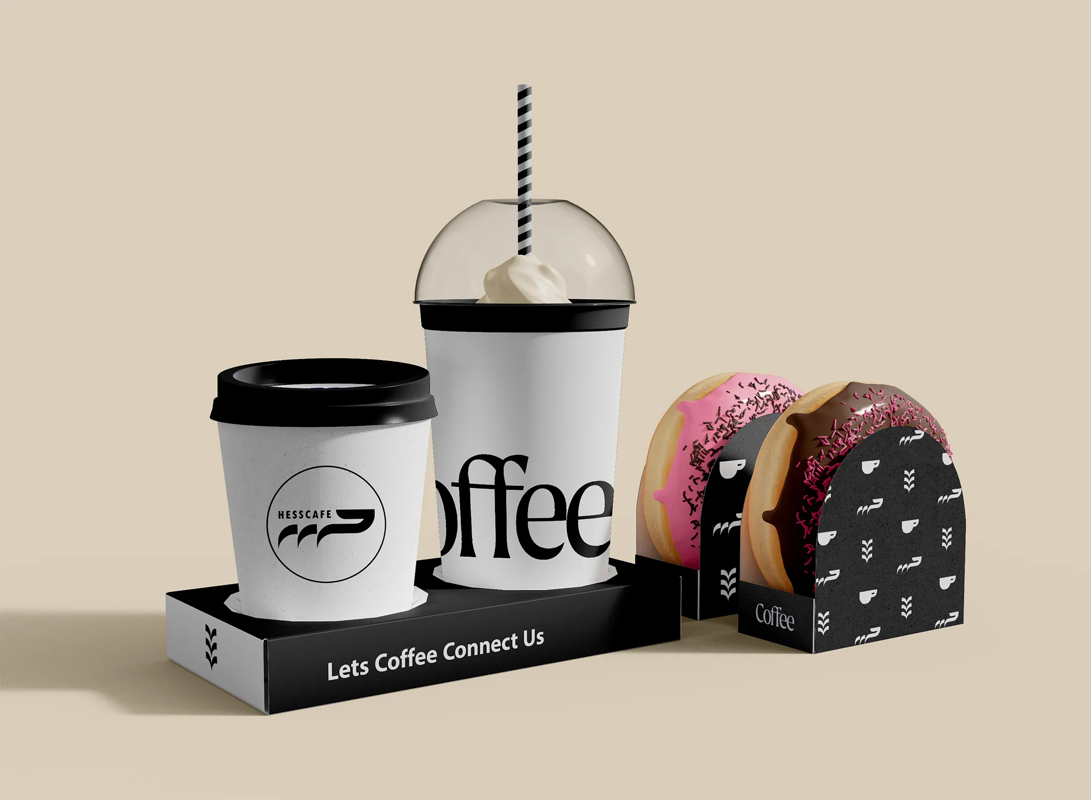 Hesscafe coffee shop brand identity with donate coffee holder design